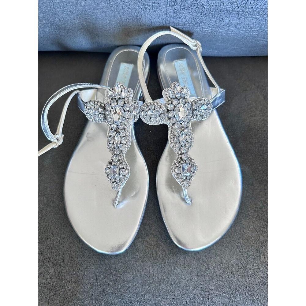 Betsey Johnson Sandals Silver  Rhinestone T Strap Flat Shoes Size 7.5